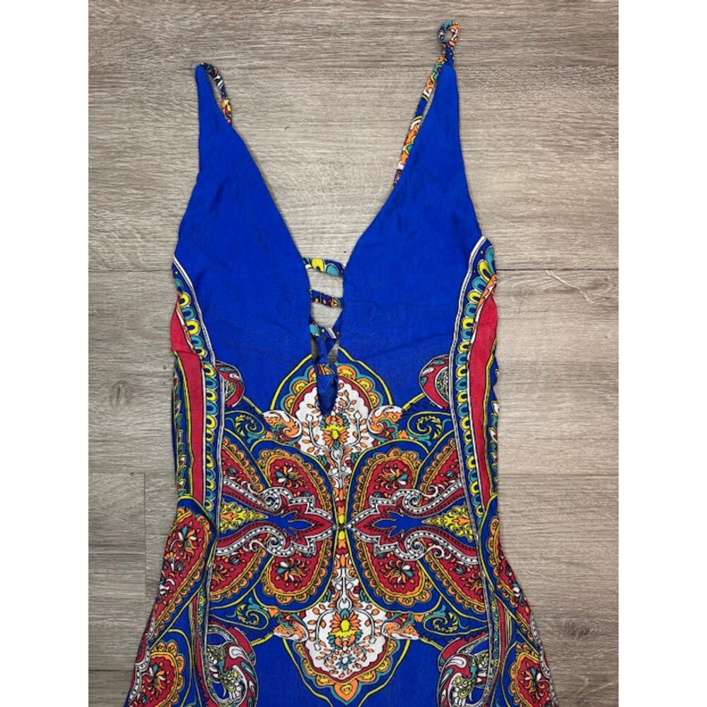 Blue Paisley Maxi Dress Open Back Criss Cross Side Slits Small - Picture 3 of 6